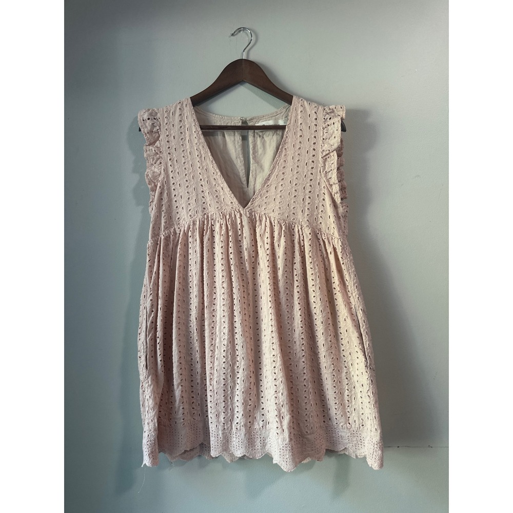 The Impeccable Pig Pink Eyelet Babydoll Romper Flutter Sleeve Boho Cottage L